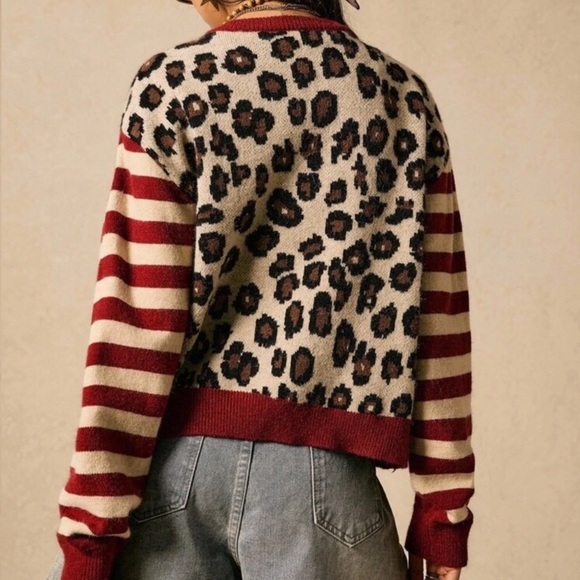 Leopard Print Button Down Striped Loose Fit Cardigan new - Picture 2 of 3